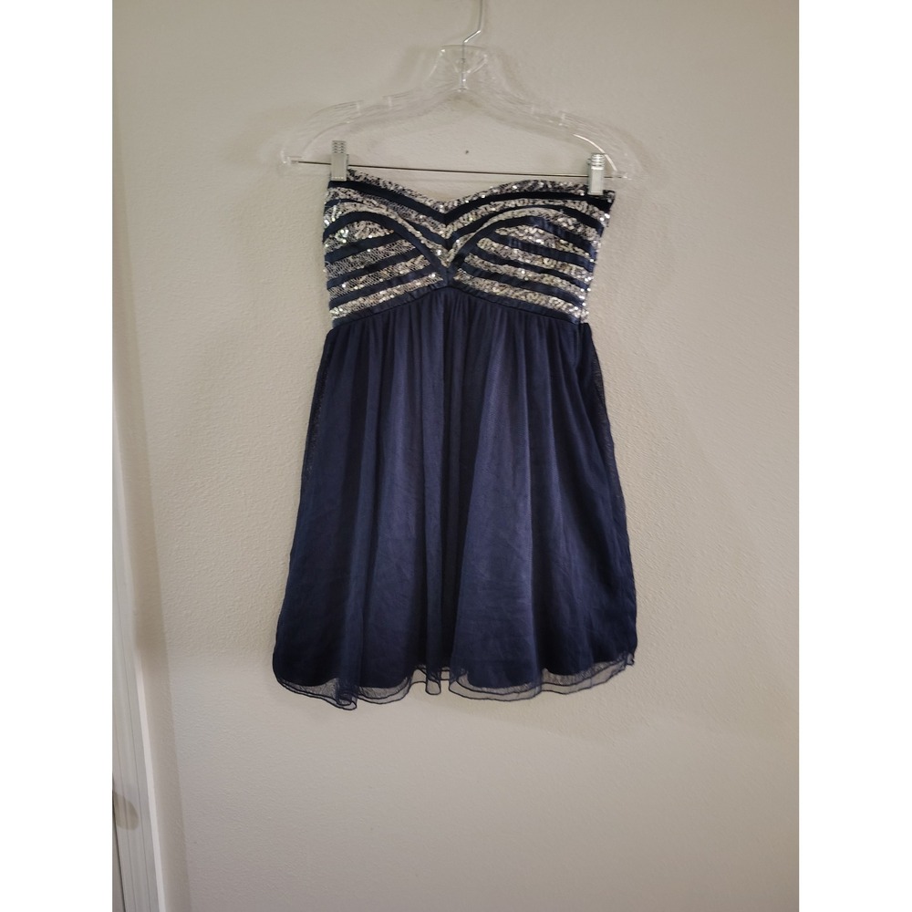 Sequin Hearts Navy Blue Strapless Sequin Corset Back Tulle Party Dress Size 5